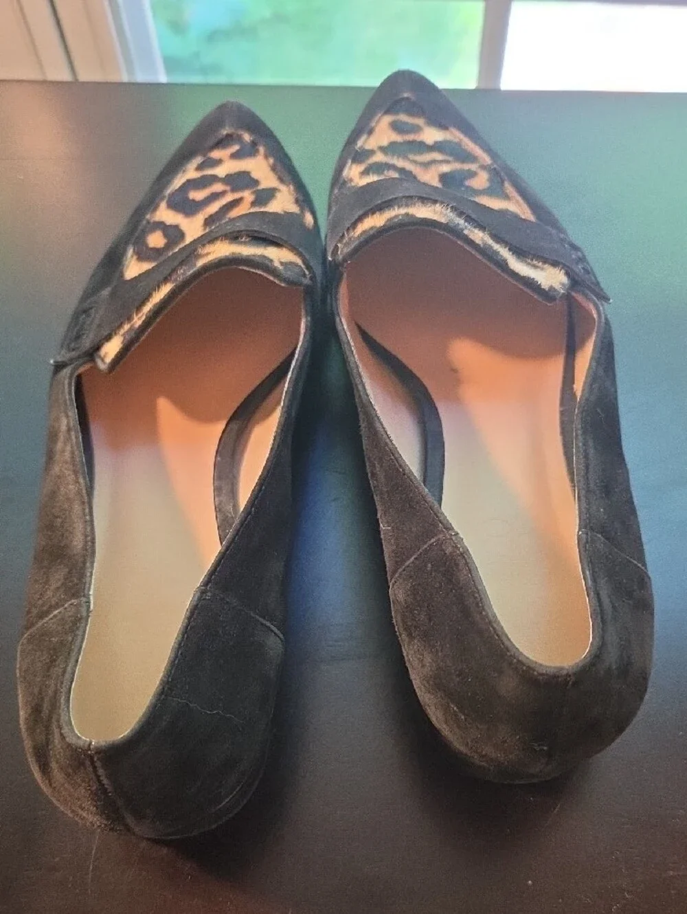Black Suede Pointed-Toe Loafers with Leopard Print Accent Size 9 - Upper Leather